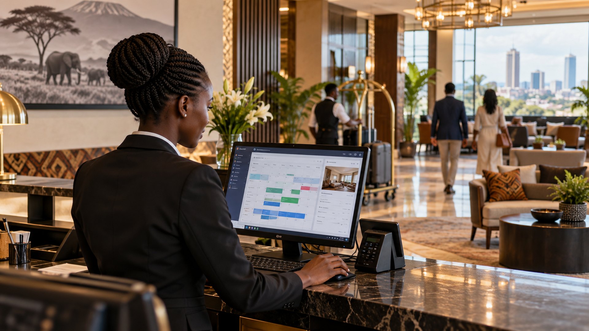 Hotel reception team using a digital booking and reservation system in Kenya