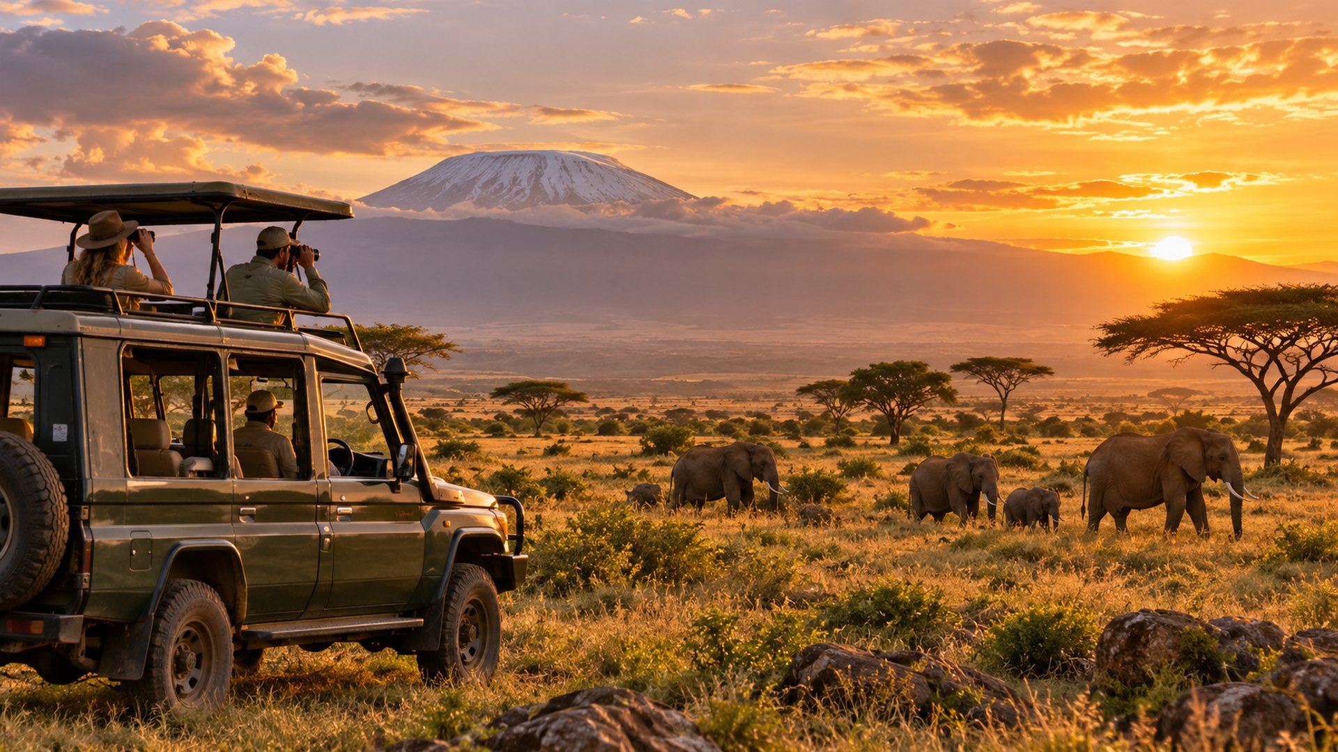 Kenya safari experience with wildlife, safari vehicle and dramatic golden landscape