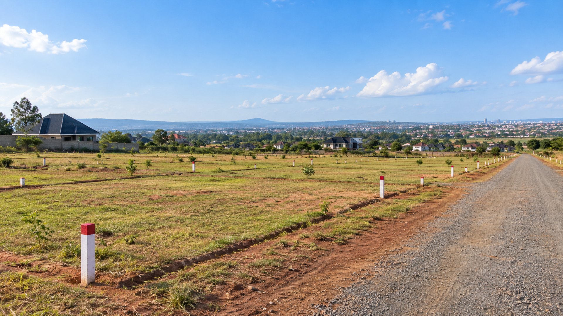 Surveyed residential land plots with access road in a developing Kenyan neighbourhood