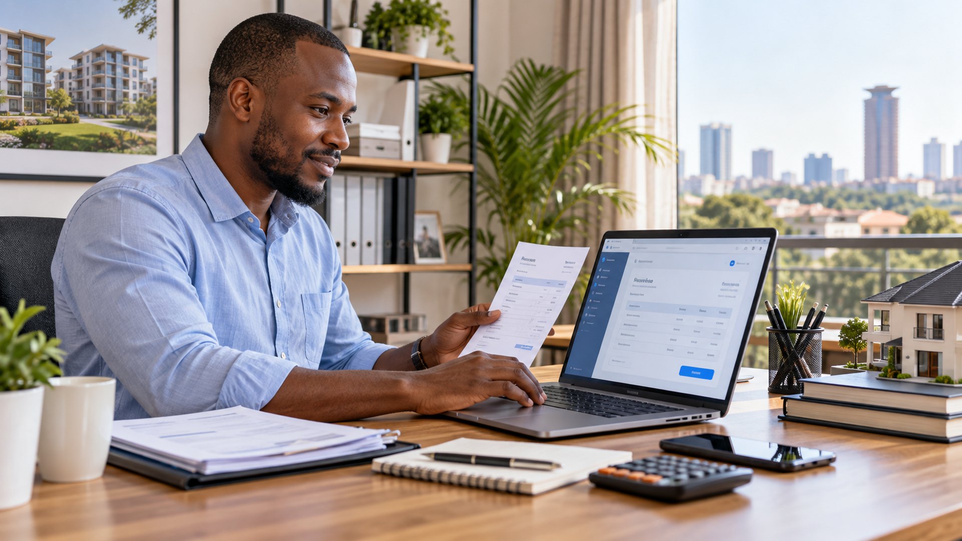 Landlord preparing rental invoices and receipts using a digital property system in Kenya