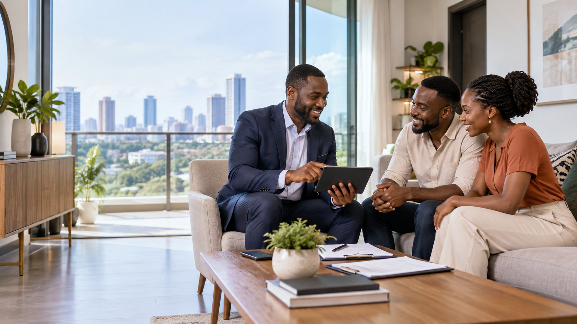 Property consultant discussing sales and letting options with clients in Kenya